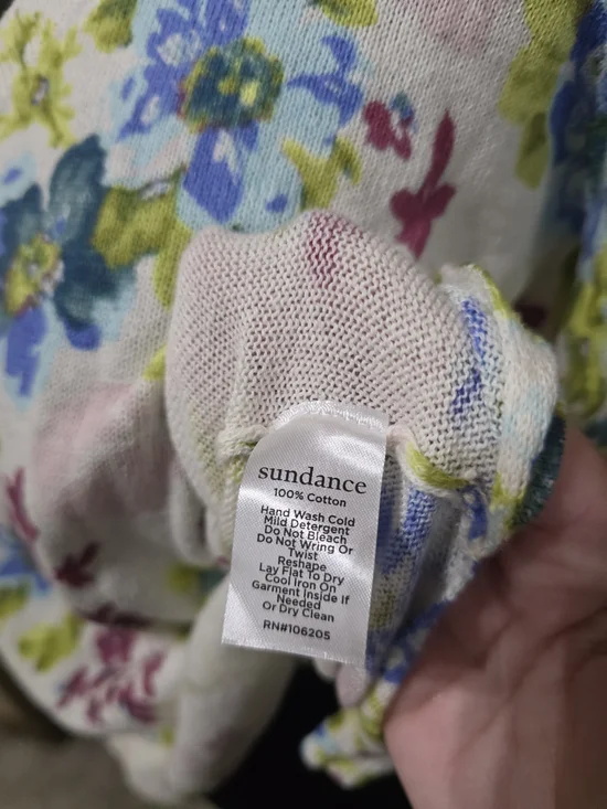 Sundance Women's V-Neck Sweater in White with Pastel Floral Hues - Picture 4 of 4